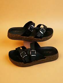 A Pair Of 2026 New Women's Casual Buckle Slippers, Thick Soled Toe Clip On Sandals, Comfortable Beach Women's Shoes - Black - View 5