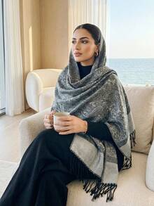 1pc Women Stripe Paisley Jacquard Two Tone Scarves Winter Fall Warm Pashmina Shawl Beach Cover Up Sarong Cashmere Feel Soft Silky Wrap Scarf Fringes Daily Life Evening Dresses Travel Office Wedding And Gift - Dark Grey - View 3