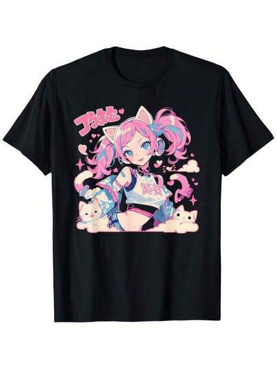 Mens Tshirts Men's Fashion Print Casual Unisex Japanese Anime Pattern T-Shirt - Soft And Breathable Cotton T-Shirt With Cute Pink Hair And Cat Character - Lightweight Crew Neck Shirt Suitable For Cosplay, Halloween, Casual Wear - Machine Washable Unisex Top (Size S-XXXL) - Perfect Gift For Anime Enthusiasts, Casual Wear, Fun Design, Comfortable Fit, Short Sleeve Top, Casual Wear Men's Fashion Print Casual T-Shirt Casual Summer T-Shirt, Comfortable Outdoor Casual Wear