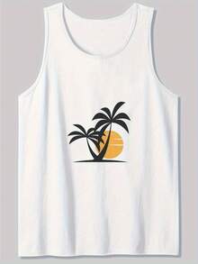 Men's Soft Cotton Sleeveless Tank Top - Lightweight Relaxed Fit Shirt With Black Palm Tree Graphic, Beach Gym Shirt For Poolside, Vacation, Everyday Casual - Breathable All-Season Apparel For Men, Vacation Clothing, Durable Casualwear Minimalist, Modern, And Made For Versatility. This Sleeveless Tank Top Is The Ultimate Building Block For Countless Outfits-Durable, Easy To Care For, And Designed To Last, It's A Smart Investment For Any Wardrobe. Grab Yours Today And Experience Effortless Style At Its Best! - 白色 - 查看 1