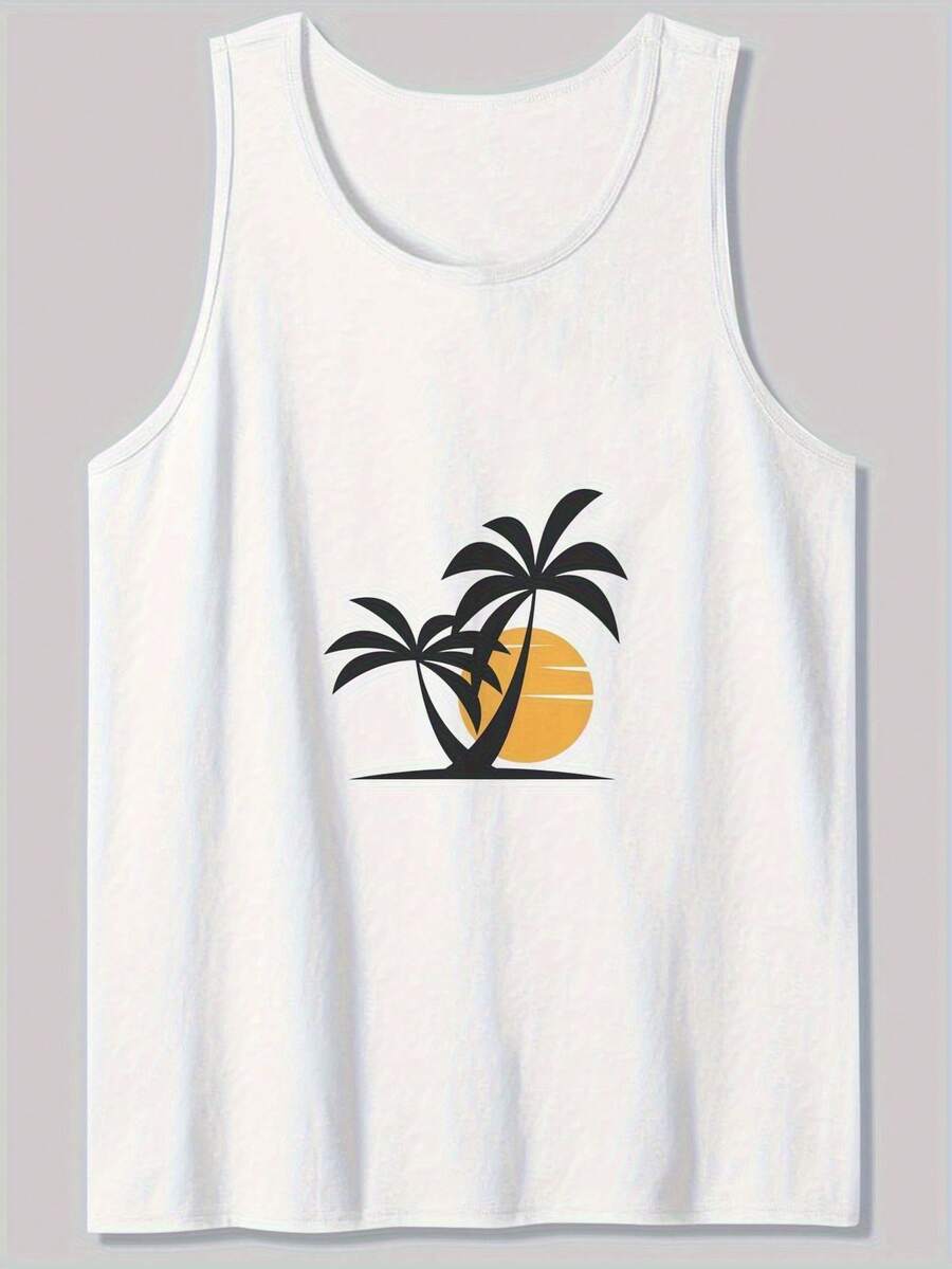 Men's Soft Cotton Sleeveless Tank Top - Lightweight Relaxed Fit Shirt With Black Palm Tree Graphic, Beach Gym Shirt For Poolside, Vacation, Everyday Casual - Breathable All-Season Apparel For Men, Vacation Clothing, Durable Casualwear Minimalist, Modern, And Made For Versatility. This Sleeveless Tank Top Is The Ultimate Building Block For Countless Outfits-Durable, Easy To Care For, And Designed To Last, It's A Smart Investment For Any Wardrobe. Grab Yours Today And Experience Effortless Style At Its Best! - 白色 - 查看 1