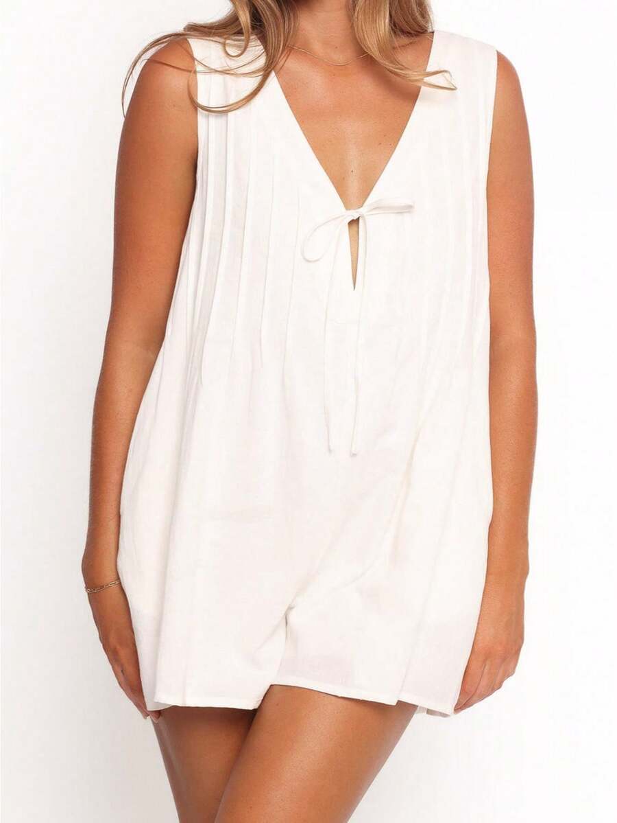 Women Tie Front Romper Dress Sleeveless V Neck Pleated Jumpsuit Shorts With Pockets Loose Summer Casual Playsuit - 白色 - 查看 1