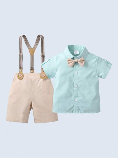 BOARNSEORL Bộ trang phục lịch lãm 2 món cho bé trai - Áo sơ mi ngắn tay màu xanh lá cây có cổ kèm nơ và quần đùi kaki, trang phục thời trang và cuốn hút cho tiệc sinh nhật, các dịp trang trọng, đám cưới, các sự kiện lễ hội.