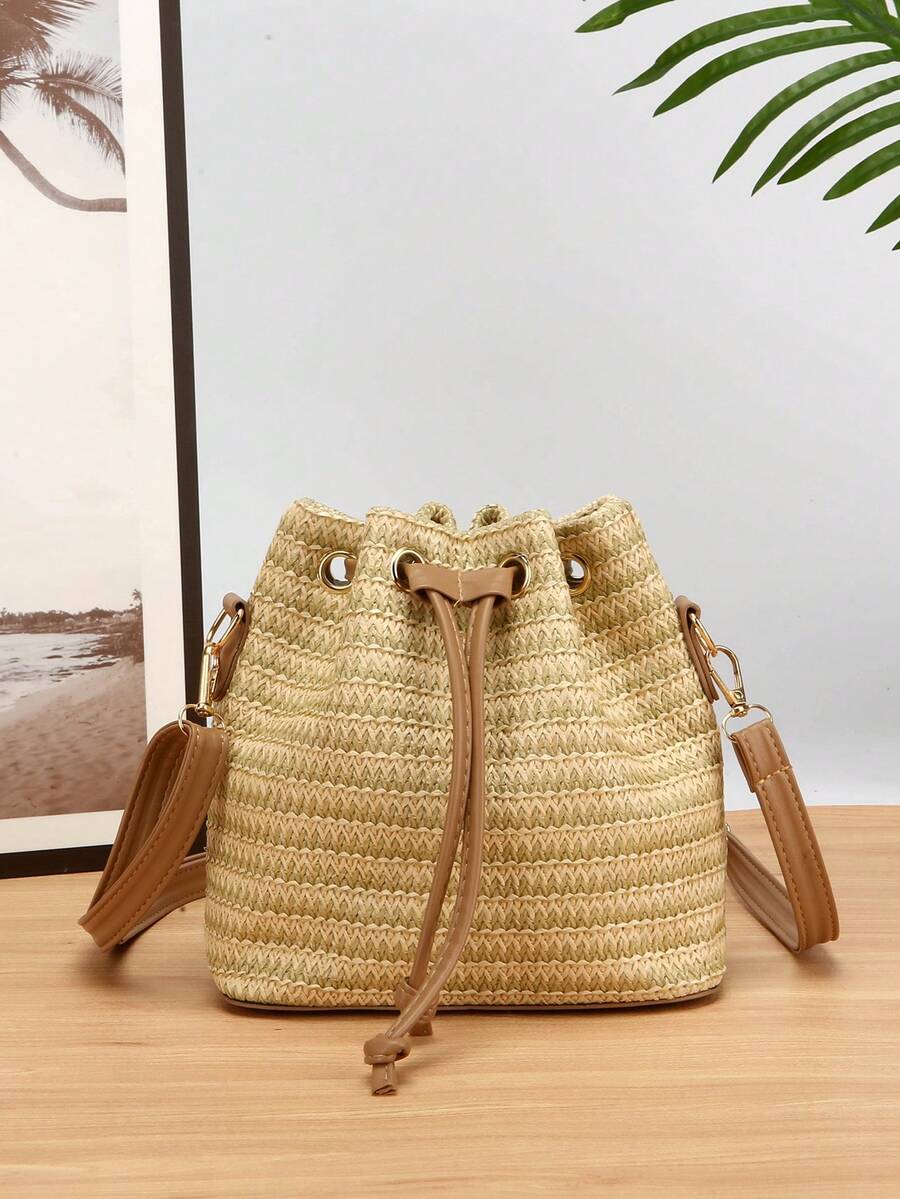 1 chiếc túi đeo chéo bằng rơm kiểu dáng mới mùa xuân/hè, túi đeo vai mini thời trang có dây rút, thích hợp cho đi biển, đi làm, mua sắm.