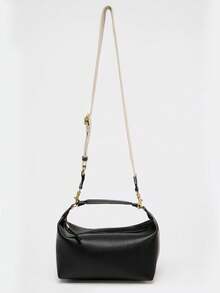 Women's Bowling Ball Shaped Handbag, Fashionable Shoulder Bag With Adjustable Strap, Canvas & PU Leather Small Square Crossbody Bag - Black - View 5