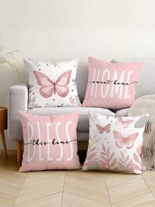 4 件套浅粉色蝴蝶叶子印花枕套，适用于客厅和卧室，涤纶材质，可机洗 - 粉色 - 查看 1