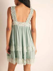 Women Tank Mini Dress Casual Summer Lace Patchwork Square Neck Party Dress For Beach Club Streetwear - Green - View 2