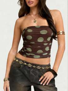 European Style Summer And Spring Best-Selling New Women's Plunging Clothing - Dark Brown Dress With Polka Dot Pattern That Fits And Cinches The Body, Sexy Casual Resort Net Fabric Plunging Top, Sexy Strapless Basic Top, Fashionable Polka Dot Stretch-Fit Plunging Top, Suitable For Women To Wear All Year Round - Chocolate Brown - View 1