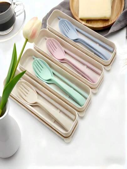 1/2/4 SetsTrendy Matte Striped Portable Cutlery Set - Reusable Spoon Fork With Storage Box, Camping Picnic Daily Kitchen Utensils, Lightweight Smooth Finish Utensils For Office Lunch, Back To School Supplies Christmas Gift Outdoor Party Essentials