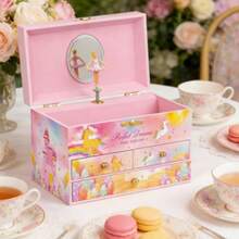 Colorful Girls' Musical Jewelry Box | 3 Drawers, Ballerina & Unicorn Jewelry Set | Waltz Of Flowers Tune Gift - Hồng - Xem 2