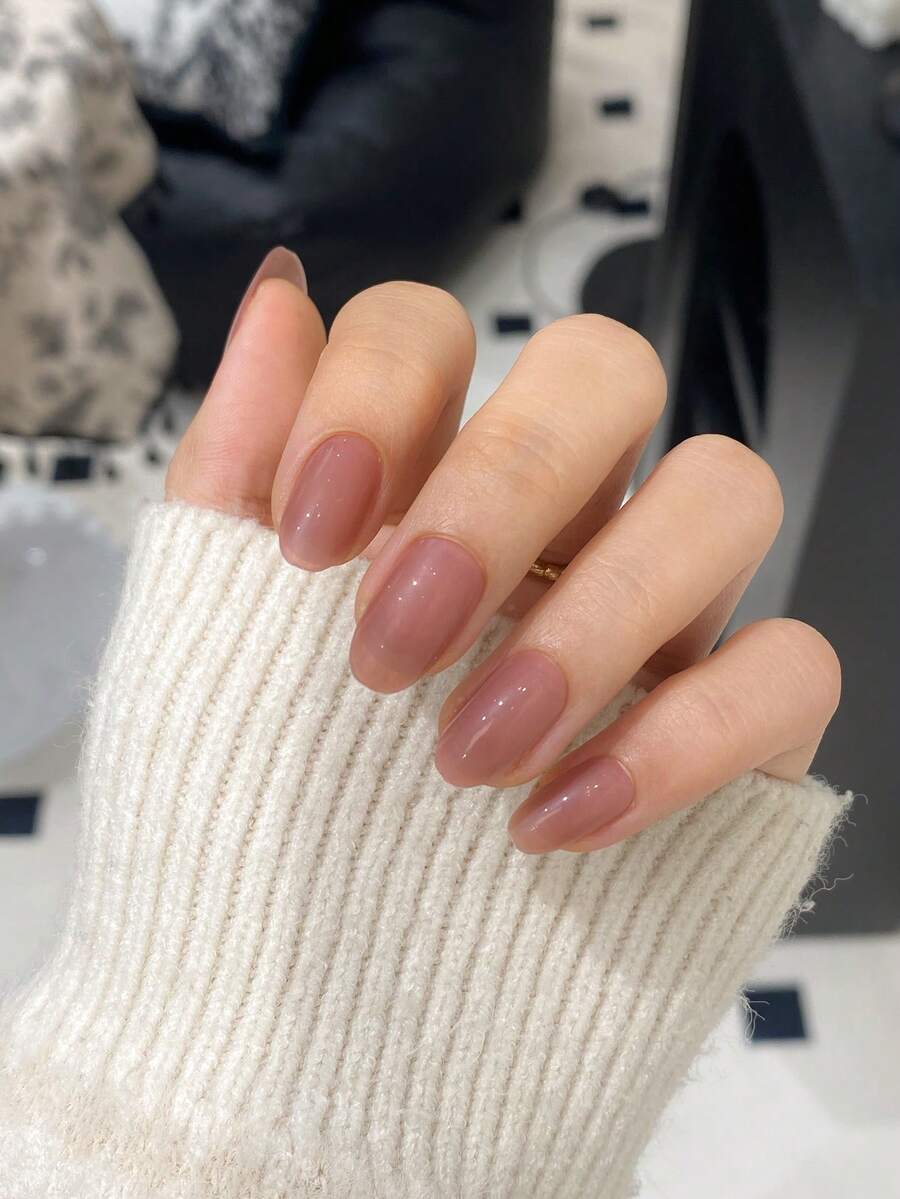 24 件椭圆形淡粉色棺材美甲按压指甲，简约优雅的日式女士美甲套装，办公室穿着，配有指甲锉、角质层推刀和果冻指甲胶美甲用品