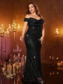 Đầm maxi ôm sát cơ thể hở vai, lưng hở, đính sequin, phối nhiều mảnh dành cho nữ cỡ lớn - màu đen - Xem 4