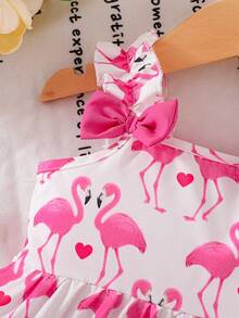 Baby Girl Flamingo Print Sleeveless Dress With Double Ruffle Hem + Bow Shoulder Design, Cute Pink Series, Spring/Summer - Pink - View 4