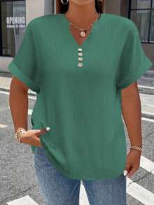 Atasan Kaos Kasual Kancing Depan Lengan Pendek Leher V Elegan Ukuran Besar untuk Wanita Musim Panas - Mint Green - View 1