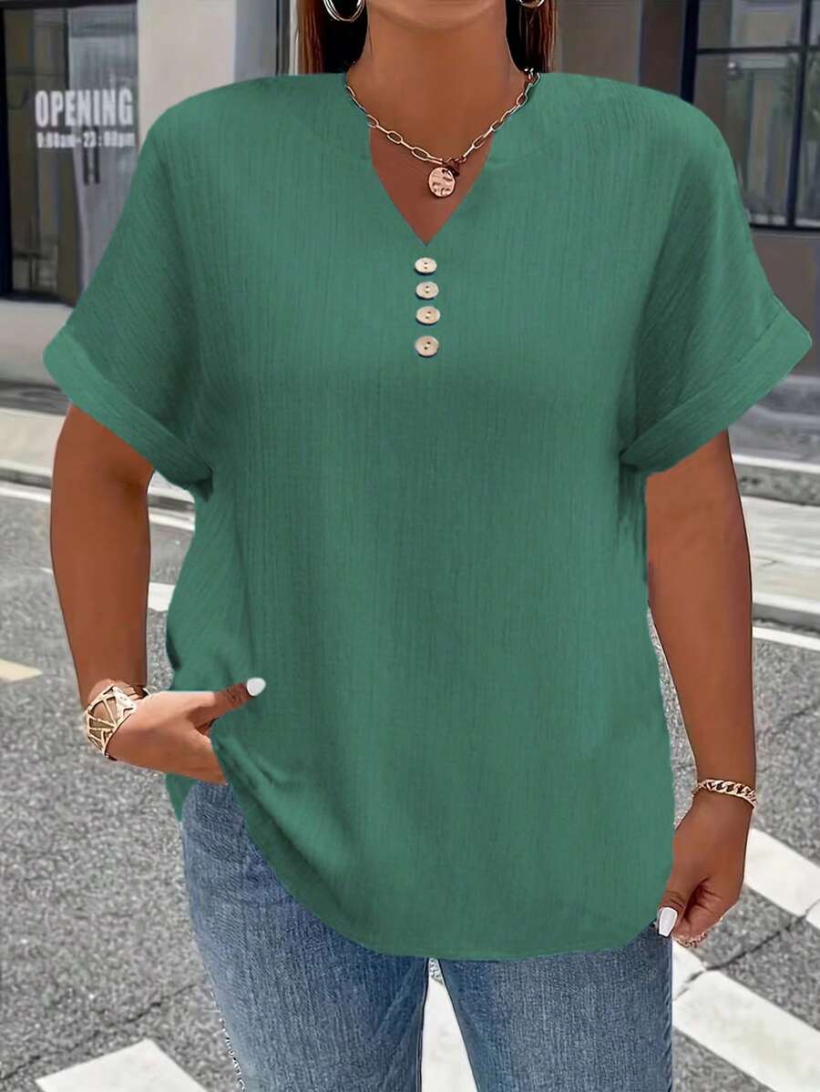 Atasan Kaos Kasual Kancing Depan Lengan Pendek Leher V Elegan Ukuran Besar untuk Wanita Musim Panas - Mint Green - View 1