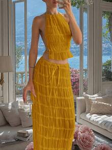 2pcs Chiffon Layered Ruffle Lace Trim Backless Camisole Maxi Dress Set, Romantic Elegant Bohemian Style, Suitable For Party, Wedding And Other Occasions - Yellow - View 7