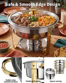 5 QT Round Chafing Dish Food Warmer - Servidor Buffet de Acero Inoxidable con Tapa Transparente y Soporte de Combustible, Chafer de Oro para Boda, Fiesta, Restaurante Catering - Paquete de 4 - Ver 8