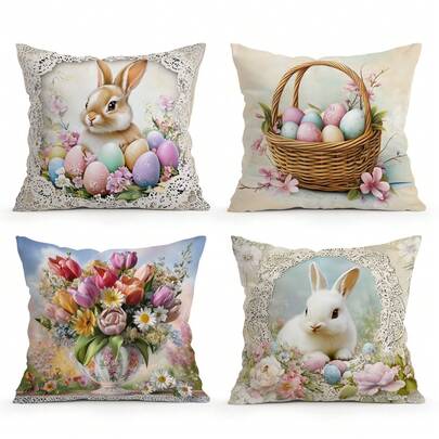 4pcs Vintage Easter Illustration Cushion Covers, Single-Sided Printed Pillow Covers, Suitable For Living Room, Bedroom, Home Decor, All Season - Pillow Insert Not Included