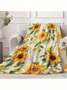 Sunflower Print Themed Flannel Throw Blanket, Vibrant Yellow & Green Soft Lightweight Fleece For All Seasons, Perfect Gift For Friends & Family, Ideal For Sofa, Bed, Travel, Floral Keepsake Throw, Machine Washable Accent Blanket, Cozy Contemporary Style - 多色 1 - 查看 6