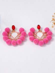 1对简约时尚清新夸张毛球微镶锆石吊坠耳环，小众高端女士耳环 - 玫紅色 - 查看 5