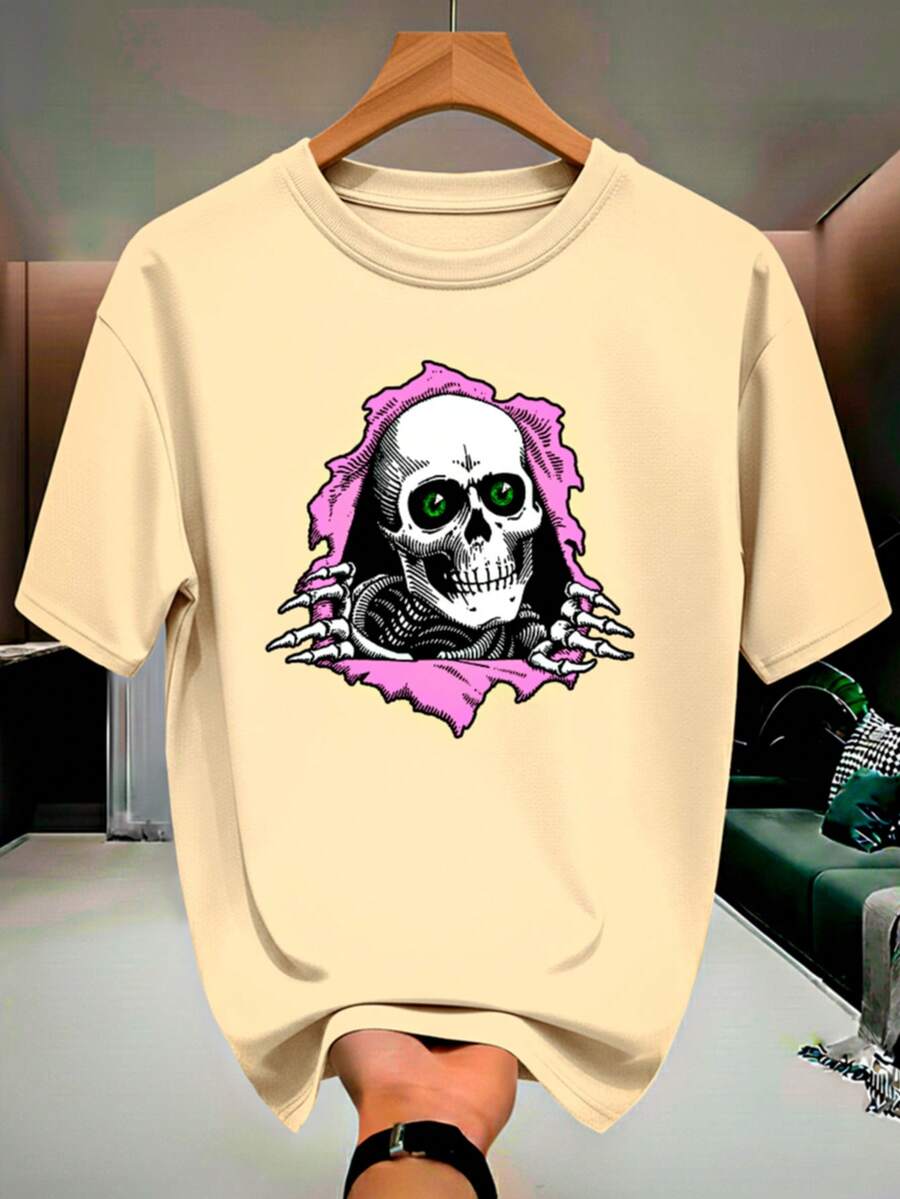 Skull Skeleton Streetwear T-Shirt, 100% Cotton, Men's And Women's Unisex Premium Shirt - 米色 - 查看 1