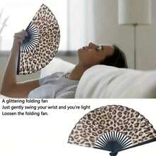 Elegant Leopard Print Folding Fan With Black Frame - Stylish Princess Theme, Lightweight & Portable For Women, Portable Fan|Princess Theme Fan|Lightweight Fan(Without A Fan Cover) - Multicolor - View 5