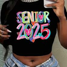1pc Y2K Style Women'S Crop Top T-Shirt, Senior 2025 Graduation Print, Short Sleeve, Round Neck, Stretch Fabric, Polyester, All Seasons - Black - View 6