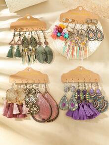 TopHanqi Bohemian Vintage Vacation Style Women's Earring Set, Multicolor Geometric Alloy Pendant Earrings With Tassel, Drop-Shaped, Round-Shaped, Coiled Wire Design, Fashionable Accessories For Parties, Work, Date, Street Snap, All Seasons - Multicolor - View 11