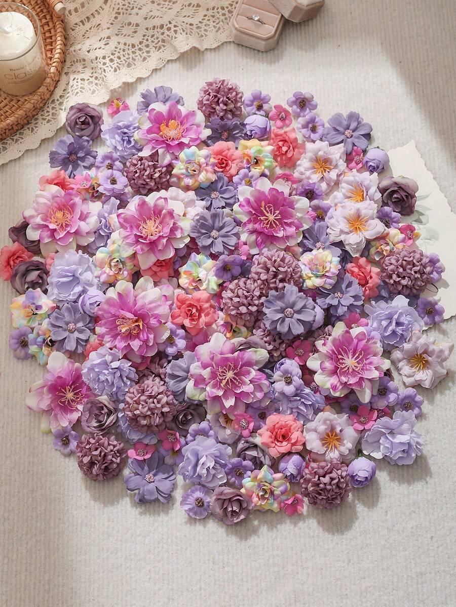 50pcs Purple Artificial Flower Heads, Assorted Sizes, Daisy Flowers, Suitable For Wedding Crafts, Home Decor, Party Decoration