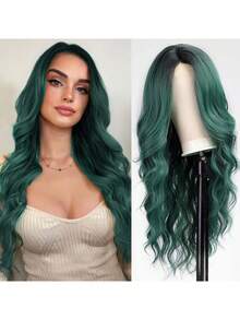 St. Patrick's Day Heat-Resistant Synthetic U-Shaped Lace Wig, 4*2 Wavy Curls, 24-Inch Green Medium Length, High-Quality Women's Headpiece For Everyday Use, Natural Soft Wig, Music Festival Party Wig - Green - View 3