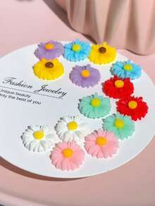 7对简约优雅糖果色花卉时尚奢华精致雏菊日常休闲/派对耳环套装（女士） - 彩色 - 查看 5