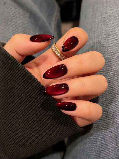 24 piezas de uñas postizas de ojos de gato de color rojo, uñas postizas de almendra mediana, decoración burdeos, estilo minimalista y elegante, superficie brillante, uñas postizas de cobertura completa para uso diario de mujeres y niñas