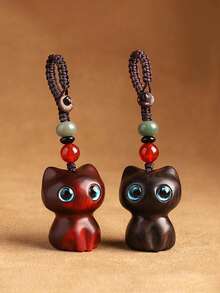 猫形幸运饰品，手工檀香木钥匙扣，猫形钥匙圈，木质汽车钥匙扣，包包挂件，钥匙链，汽车钥匙扣，手机挂绳，手工编织手机链，幸运钱包挂件，送给朋友、家人、派对礼品、活动纪念品、蘑菇爱好者和圣诞节的绝佳礼物 - 彩色 - 查看 3