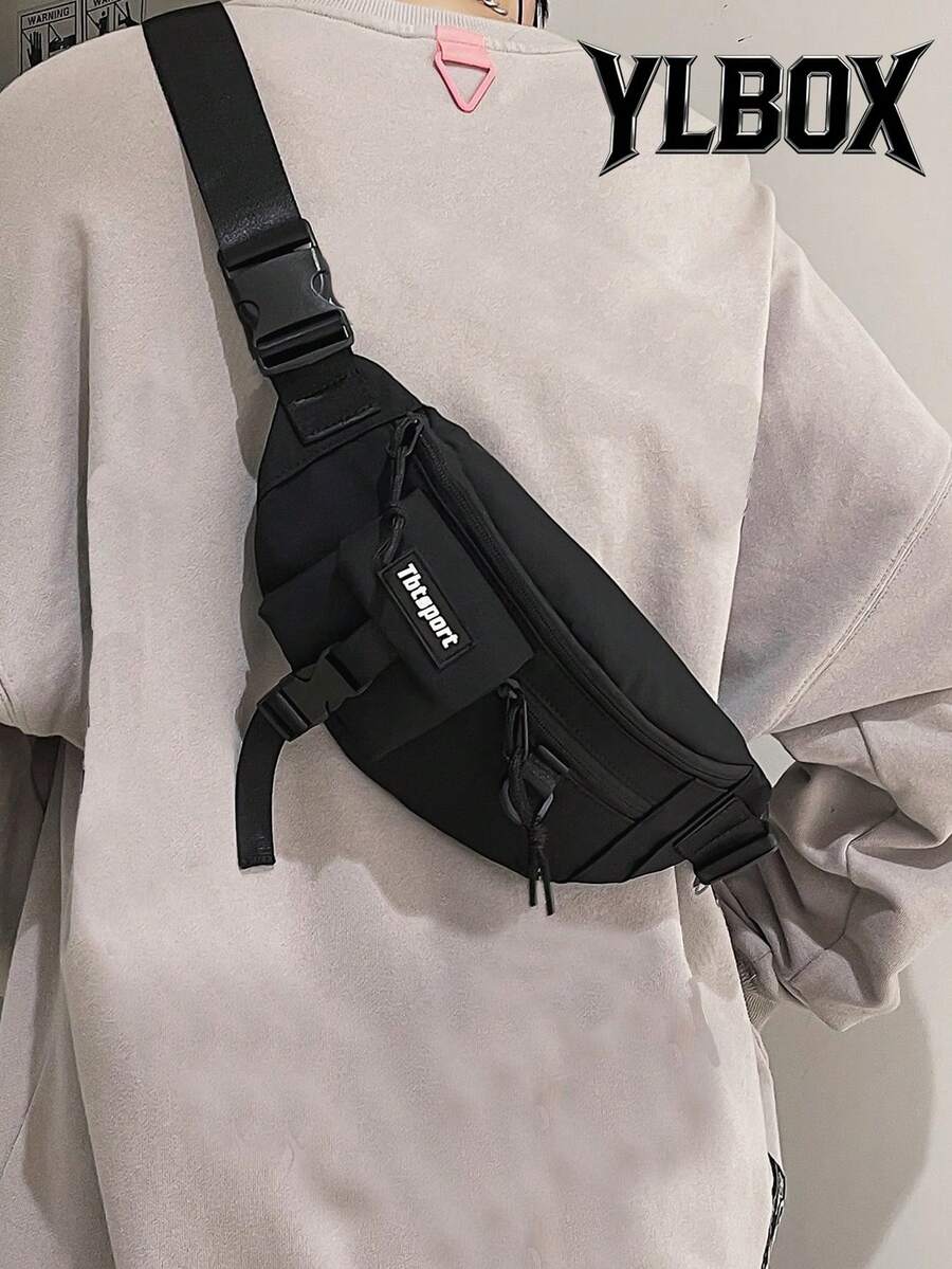 Letter Printed Men's Sling Waist Bag, Fashion Fanny Pack, Back-To-School Supplies, With Logo Print, Shoulder Bag, Casual Sports Style Dad College Bag Casual Outdoor Rider Bag Black Bag Student Large Capacity Multi-Functional Vacation Chest Bag Hip Bag Travel Essentials Holiday Essentials Bag For Men Bags Summer Back To School Belt Summer Bag Spring Break Bag Pouch Belt Bag Phone Bag - Black - View 1