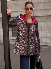 Giolshon Women Reversible Hooded Jacket With Double-Sided Butter Yellow Printed Design, Casual Fashion Layering For Everyday Wear, Autumn/Winter Spring - Red Leopard Print - View 5