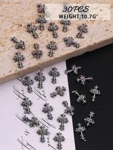 30 piezas de decoraciones de uñas en forma de cruz 3D - Accesorios de manicura de aleación de metal gótico con strass | Suministros de arte de uñas acrílicas encantadores para damas, dijes para uñas - Multicolor - Ver 9