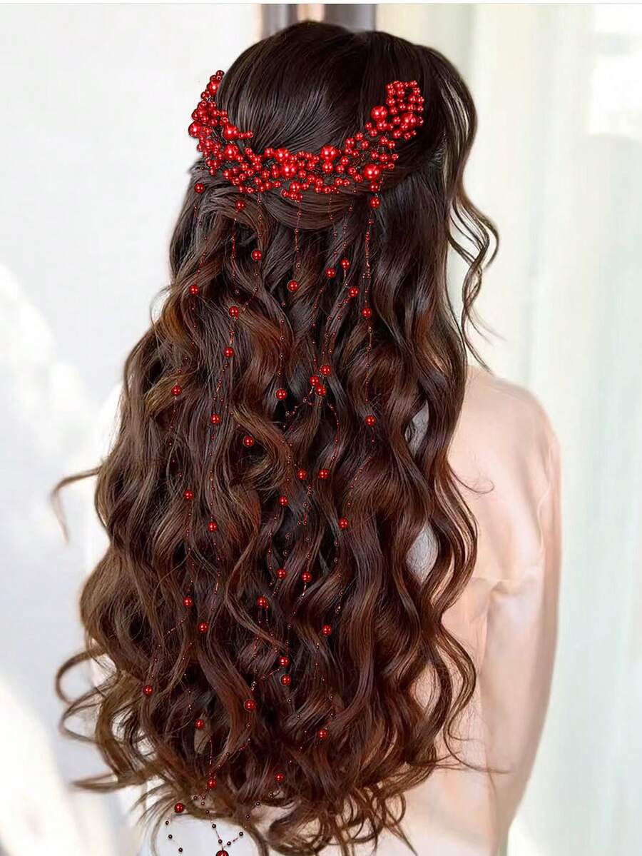 1件优雅新娘珍珠流苏发箍，婚礼发饰，女士派对头饰