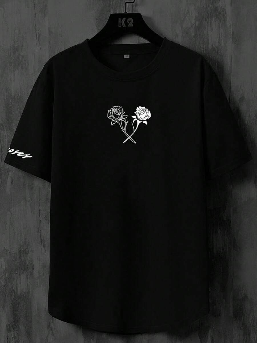 Mens Tshirts Shirts Manfinity Homme Men T-Shirts Fit Crew Neck Short Sleeve Graphic Tee Floral Casual Summer Polyester Men's Pure Cotton T-Shirt Effortless Styling, Showcase Your Unique Style Men's Fashion Print Casual T-Shirt Casual Summer T-Shirt, Comfortable Outdoor Casual Wear - 黑色 - 查看 1