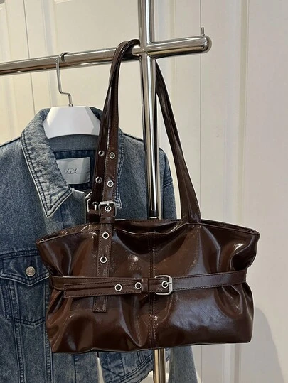 1pc Vintage Large Capacity Tote Bag, Commuter Oversized Underarm Bag, Fashionable Motorcycle Handbag For Women, PU Solid Color Oiled Wax Leather, Strap Decor, Zipper Closure, Ladies Shoulder Bag For Work, School, Travel, Shopping, Business, Suitable For Daily Use