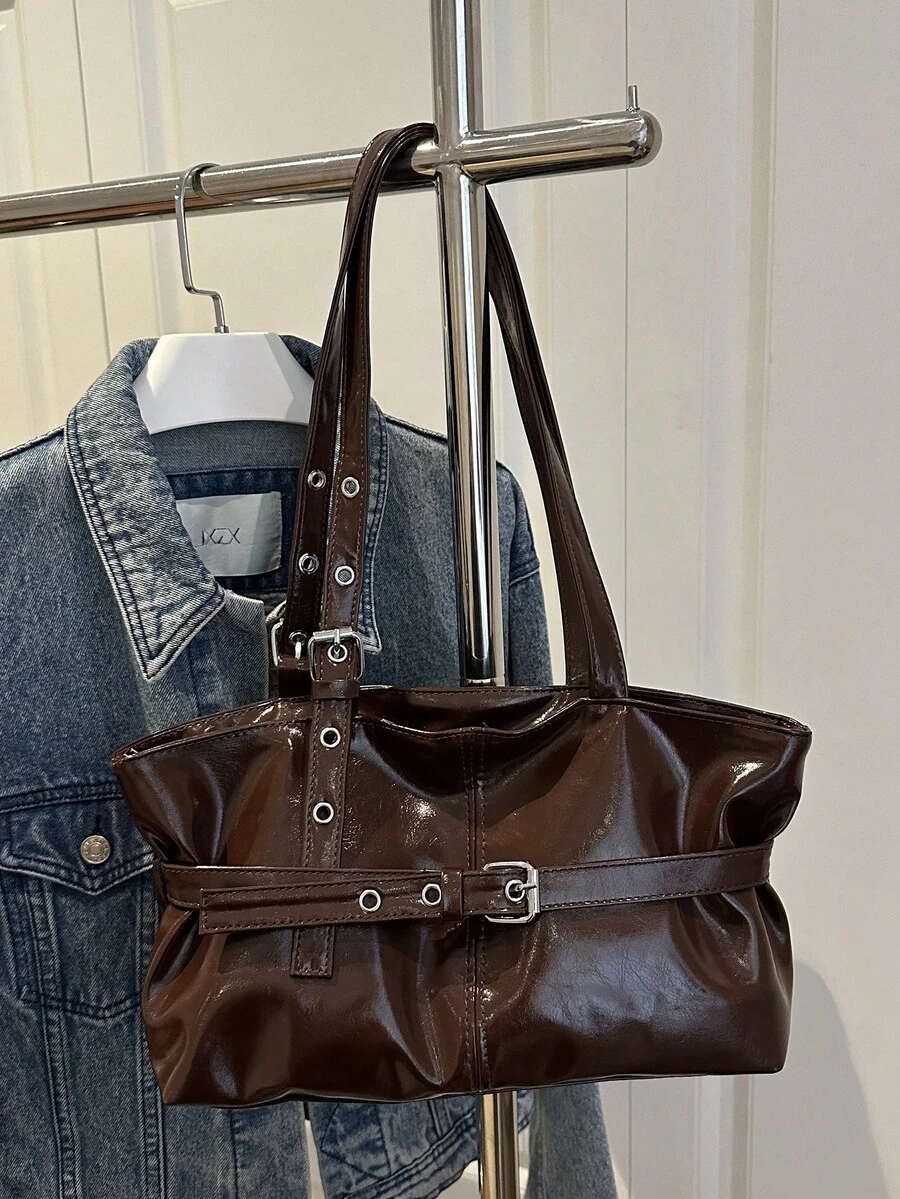 1个复古大容量手提包，通勤超大腋下包，时尚女士摩托车手提包，PU纯色油蜡皮革，肩带装饰，拉链封口，女士单肩包，适合工作、上学、旅行、购物、商务等场合，日常使用。