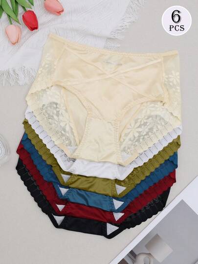 6pcs Satin Lace Trim High Waist Versatile Panties, Solid Color Lace Briefs For Women, Suitable For All Seasons