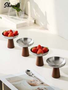 shoxil 1/2/4pcs Wooden Bottom Stainless Steel Tray, Fruit Tray, Dessert Cup, Dish, Plate, Ice Cream Bowl, Yogurt Cup, For Home, Party, Entertaining Guests, Ramadan, Eid Al Adha - Plate - View 4