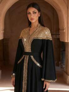 Elegant Lime Green Embroidered Formal Long Robe, Decorated With Beaded Corset And Bell Sleeves, Arabic Long Robe, Suitable For Women, Party Robe, Muslim Evening Robe, Formal Robe, Modest And Decent Style - Black - View 9