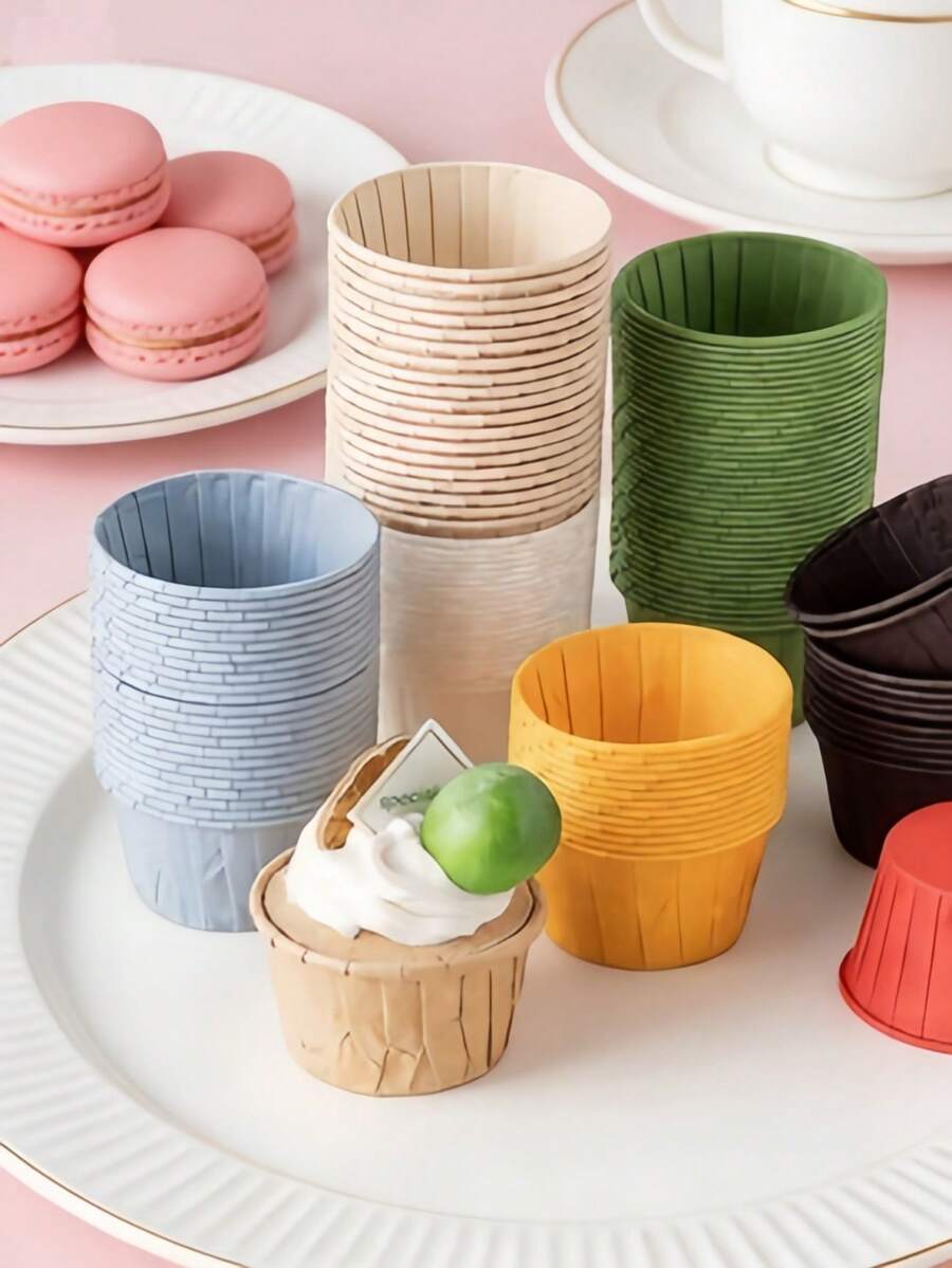 50pcs Heat & Oil Resistant Cupcake Liners, Baking Cups, Oven Ruffled Paper Cups, Ruffled Paper Trays, Cupcake Baking Cups, Cake Cups, Mini Cupcake Baking Liners, Bakery, Christmas, Wedding, Birthday Party Paper Cups - Multicolor - View 1