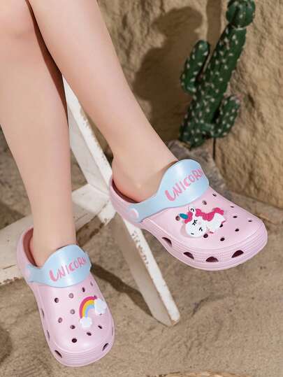 Children's Rainbow Unicorn Sandals With Non-Removable Shoe Charms, Lightweight Breathable Garden Shoes, Kids Beach Slippers