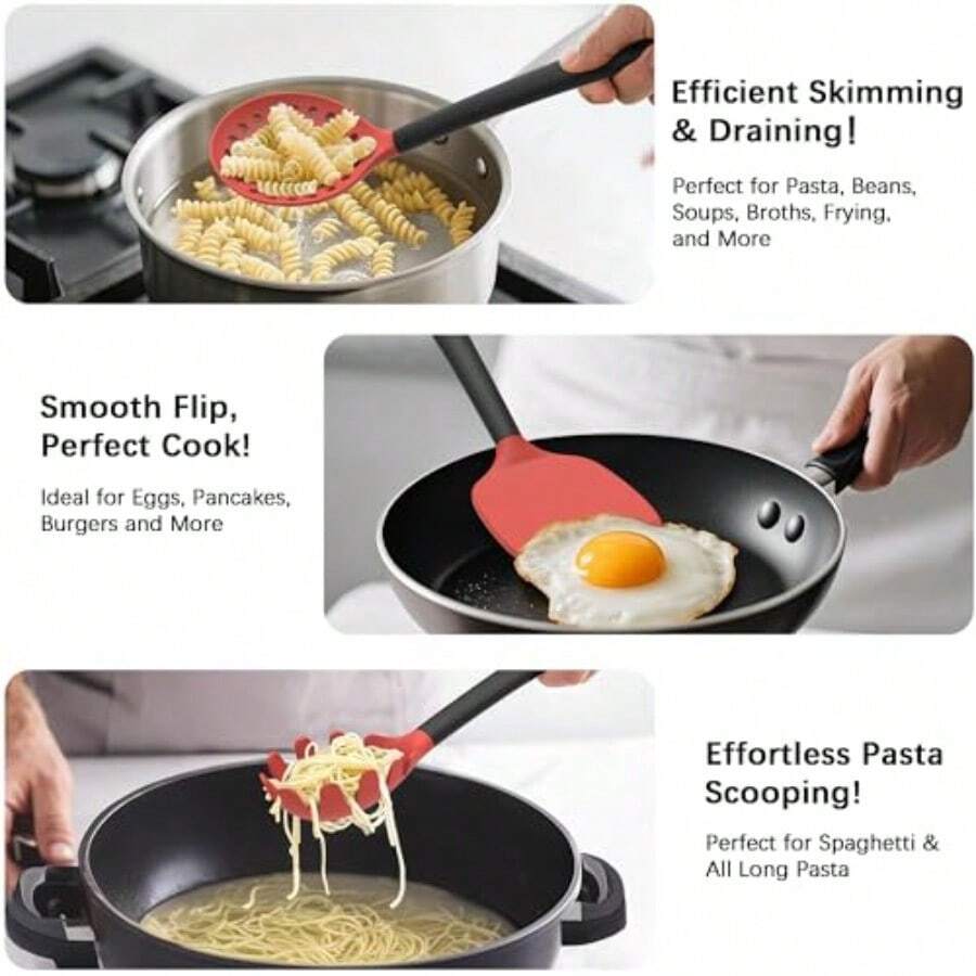 Juego utensilios cocina silicona con soporte resistentes calor grado alimenticio espátula cuchara para sartenes antiadherentes apto lavaplatos - Rojo - - Ver 1