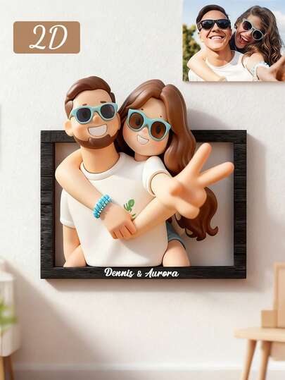 Personalized Cartoon-Style 2D Photo Frame With Wood Material, Custom Text, Personalized Family Cartoon Photo Frame, Ideal Animated Portrait Gift Suitable For Mother's Day, Wedding Anniversary, Valentine's Day.