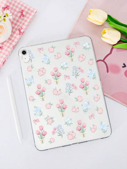 1pc TPU Soft Case With Summer Pink & Blue Floral Tulip Pattern Painting, Compatible With Mini 1/2/3/Mini 4/Mini 5/Mini 6/Mini 7/Air/Air 2/9.7/10.2/10.5/Air 4/Air 5/10.9/Pro 11-Inch/10th Gen/Air 11-Inch (M3) 2025/Pad (A16) 11 Inch 11th Generation 2025, A7/A8, Lightweight Ultra-Thin Soft Shell, Fresh/Personalized/Creative/Cute, TPU Tablet Protective Single Shell, Transparent Tablet Case, No Pen Slot