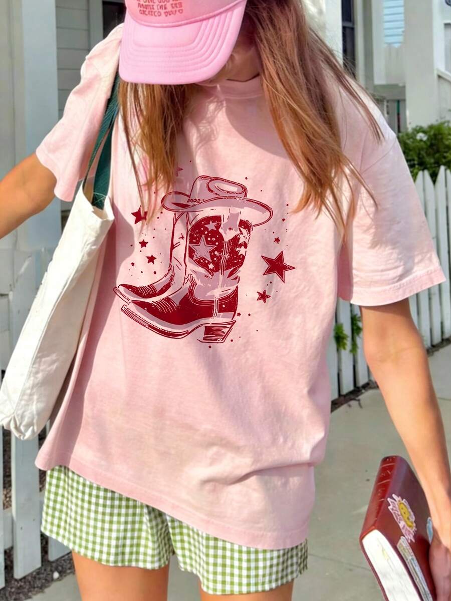 新款夏季女式简约彩色帽子和高跟靴图案印花圆领粉色短袖T恤，时尚百搭，适合女性日常上衣、假日休闲装和春假穿着。 - 粉色 - 查看 1