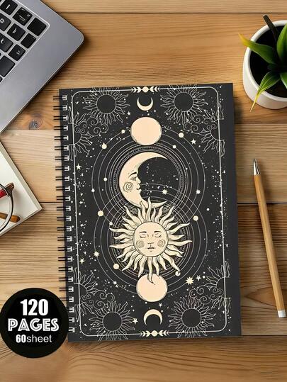 Cuaderno espiral A5 de Bruja Misteriosa, diseño celestial de sol, luna y estrellas, diario de trabajo, planificador, encuadernación espiral, portátil para uso universitario y de oficina, adecuado para registros diarios, suministros de oficina, suministros escolares, proyectos artísticos y notas de estudio, organización de escritorio, excelente para regalos de cumpleaños, Navidad y Año Nuevo, 120 páginas, suministros de oficina | Portada artística | Portada, cuaderno, vuelta al cole